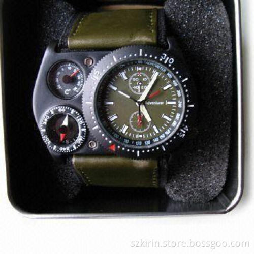 Alloy Stainless Steel Case Back and Buckle, Japan Quartze Movement, Army Green PU Leather Strap